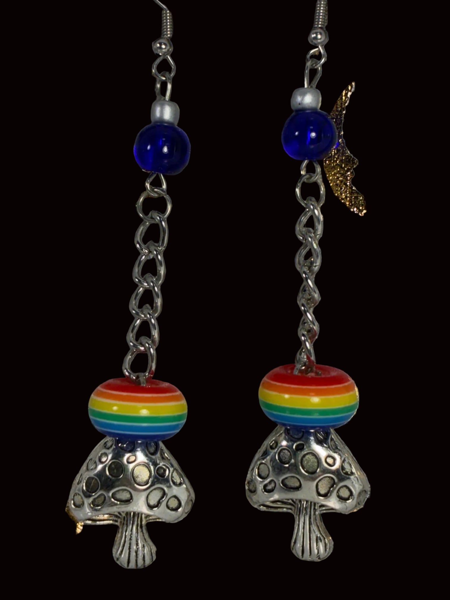 Silver Rainbow Mushroom & Cobalt Glass Dangle Earrings MER-003