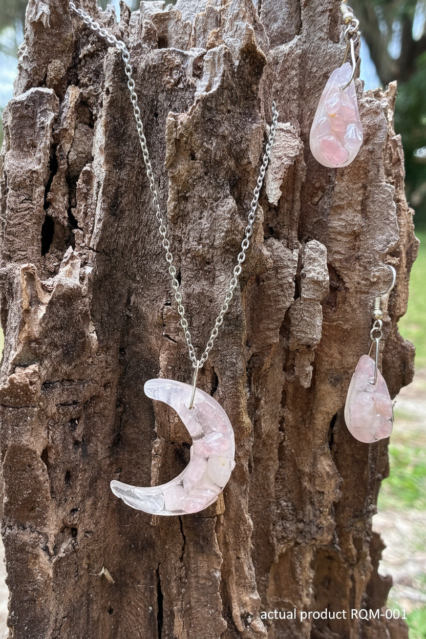 Rose Quartz Crescent Moon Set — Necklace & Earrings RQM-001
