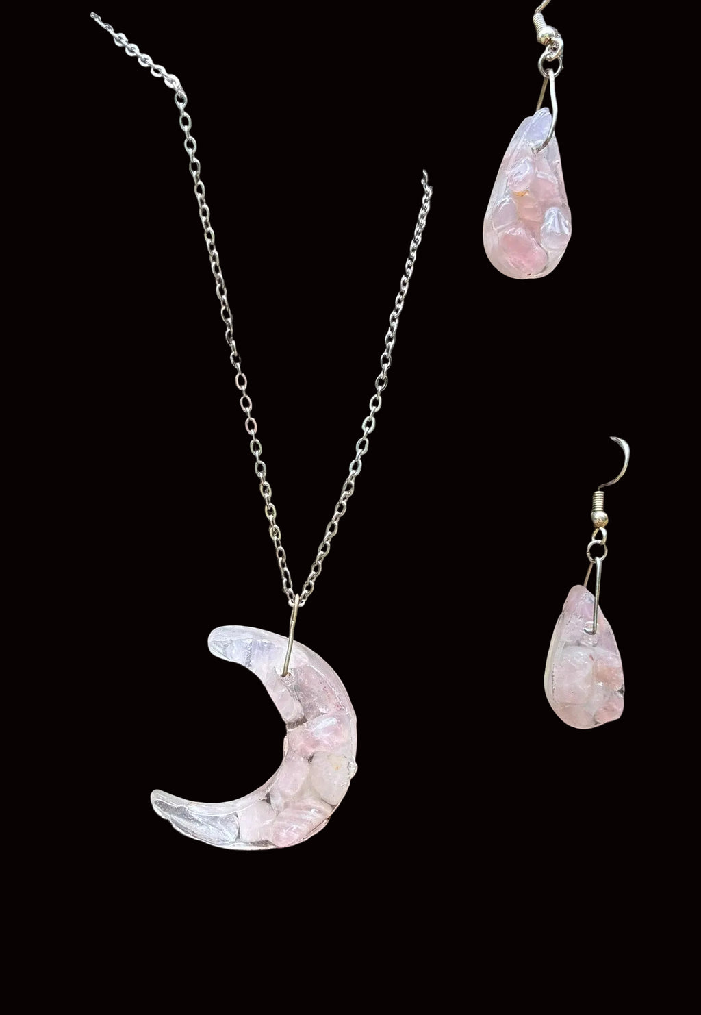 Rose Quartz Crescent Moon Set — Necklace & Earrings RQM-001
