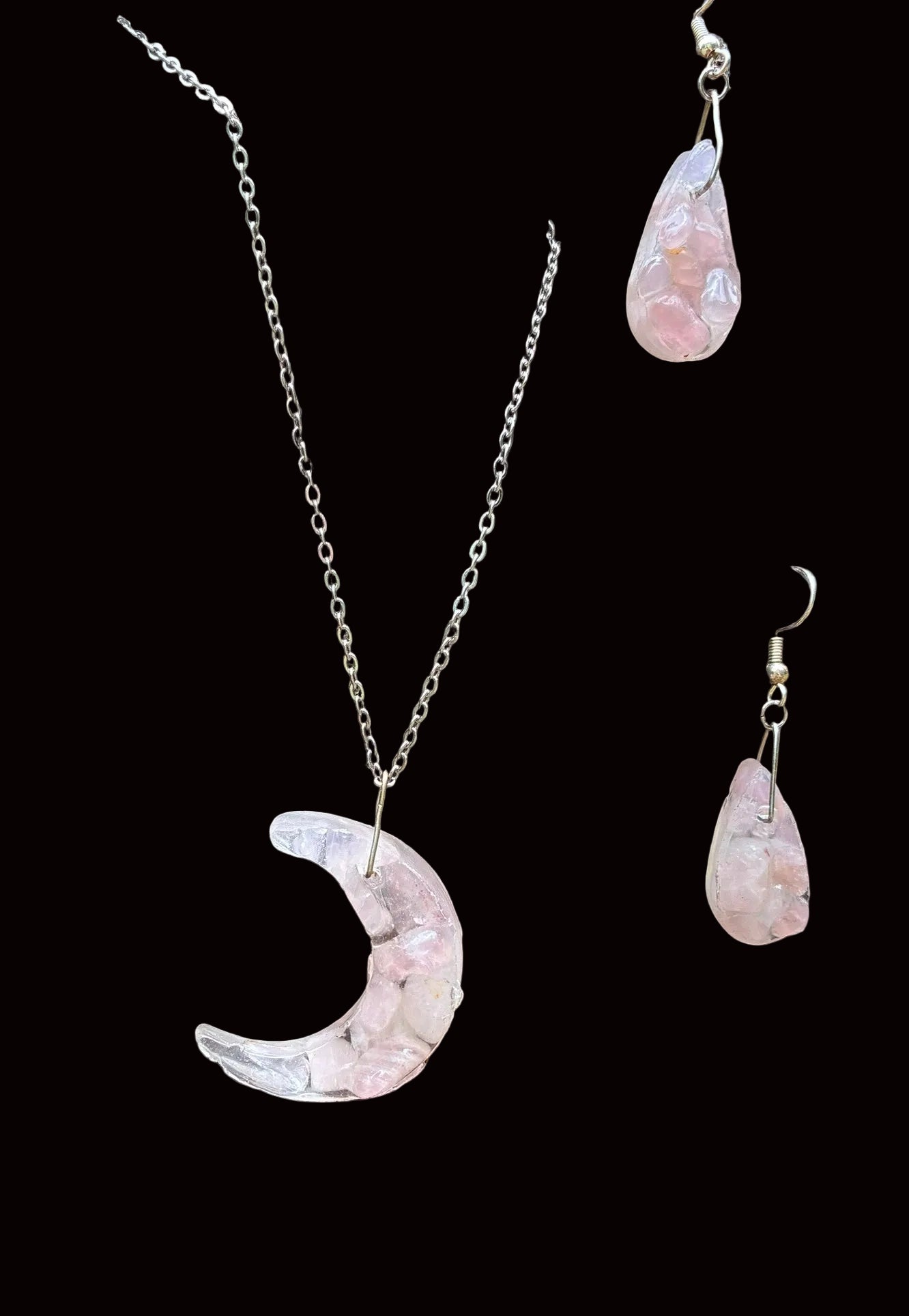 Rose Quartz Crescent Moon Set — Necklace & Earrings RQM-001