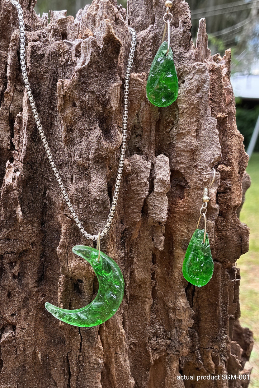 Sea Glass Crescent Moon Set — Necklace & Earrings SGM-001