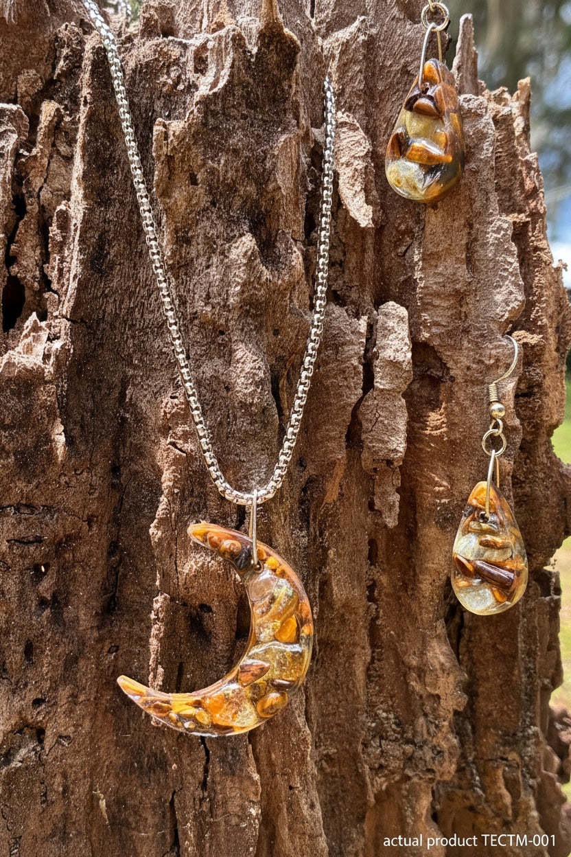 Tiger Eye & Citrine Crescent Moon Set — Necklace & Earrings TECTM-001