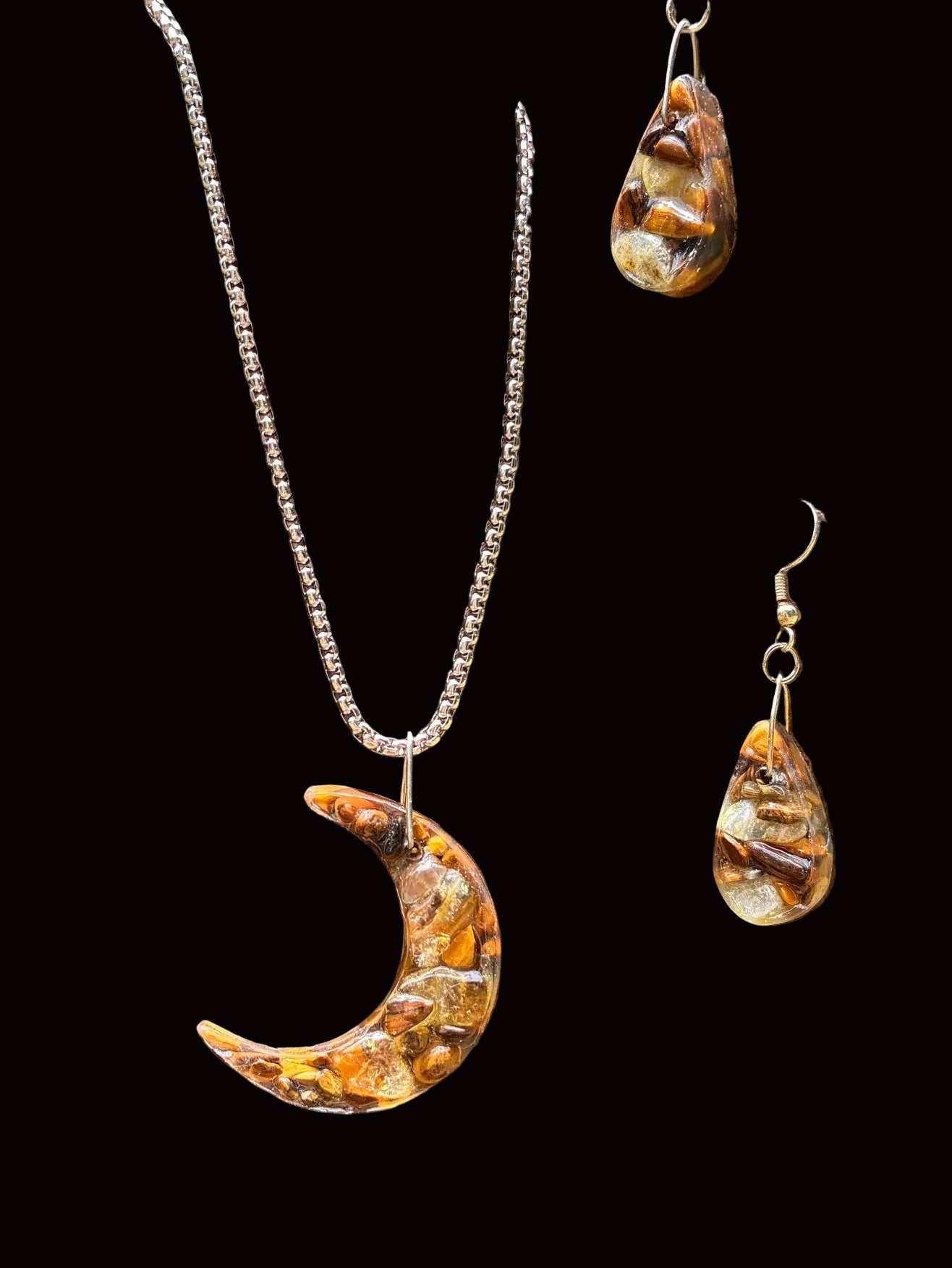 Tiger Eye & Citrine Crescent Moon Set — Necklace & Earrings TECTM-001