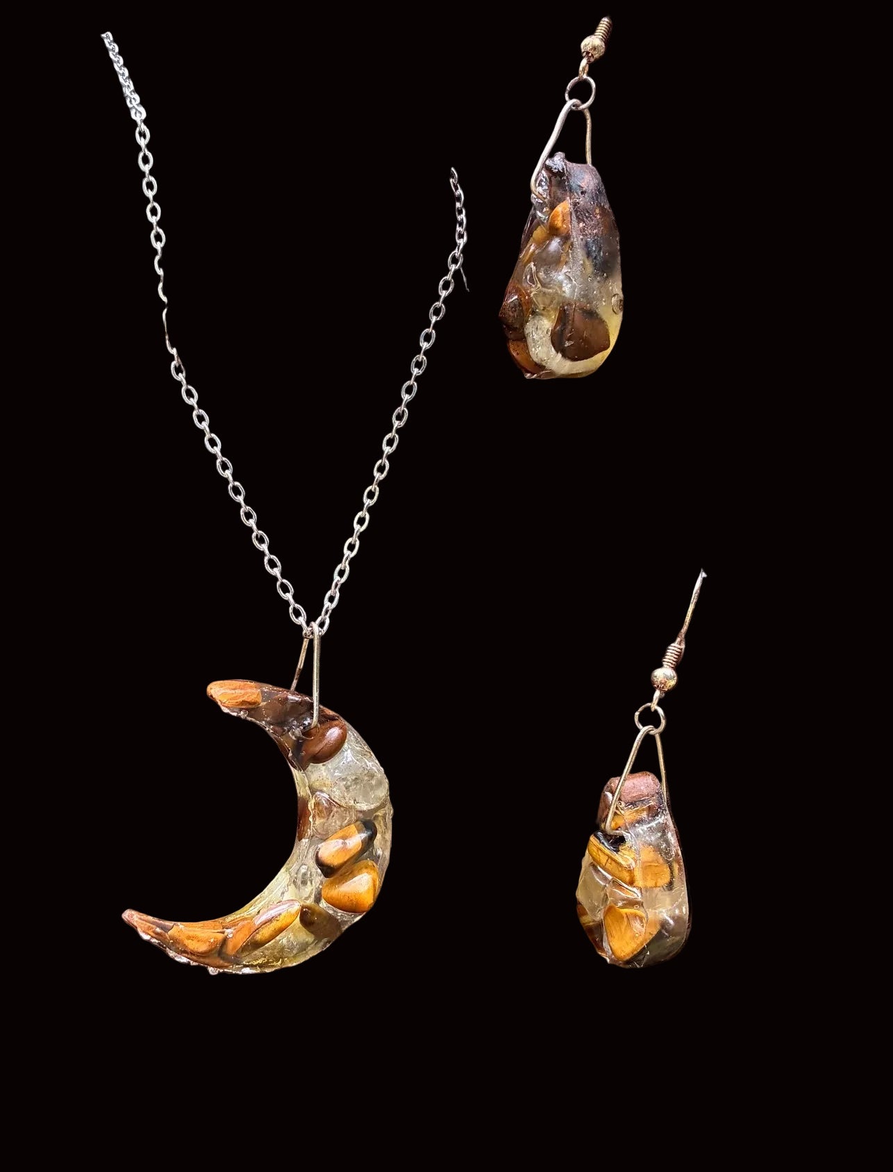 Tiger Eye Crescent Moon Set — Necklace & Earrings TEM-001